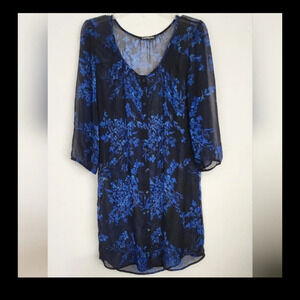 Express Brand Women's Sheer Overlay Dress Blue  & Black Print Button-down Size L